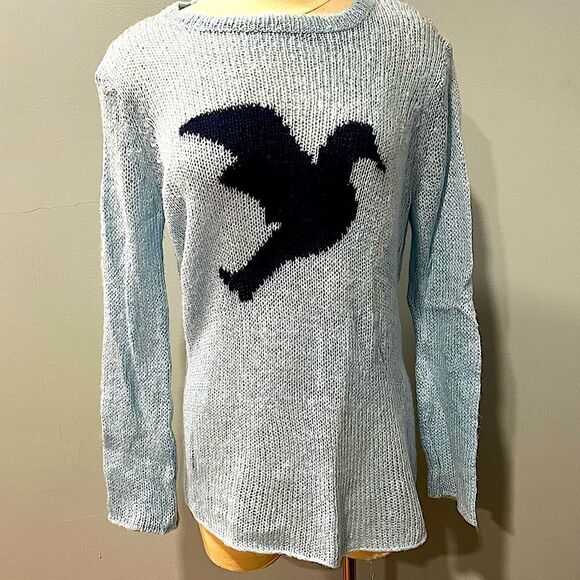 NEW Wooden Ships Mohair Wool Blend Light Blue Lightweight Seahorse Sweater S/M - Picture 1 of 7